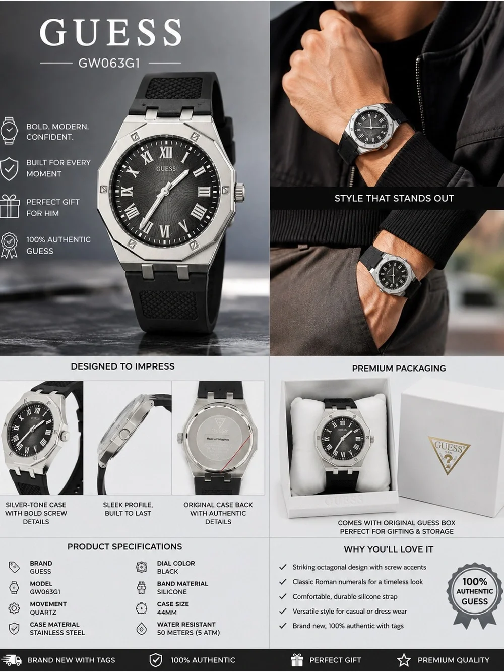 GUESS Men's Black Dial Stainless Steel Watch